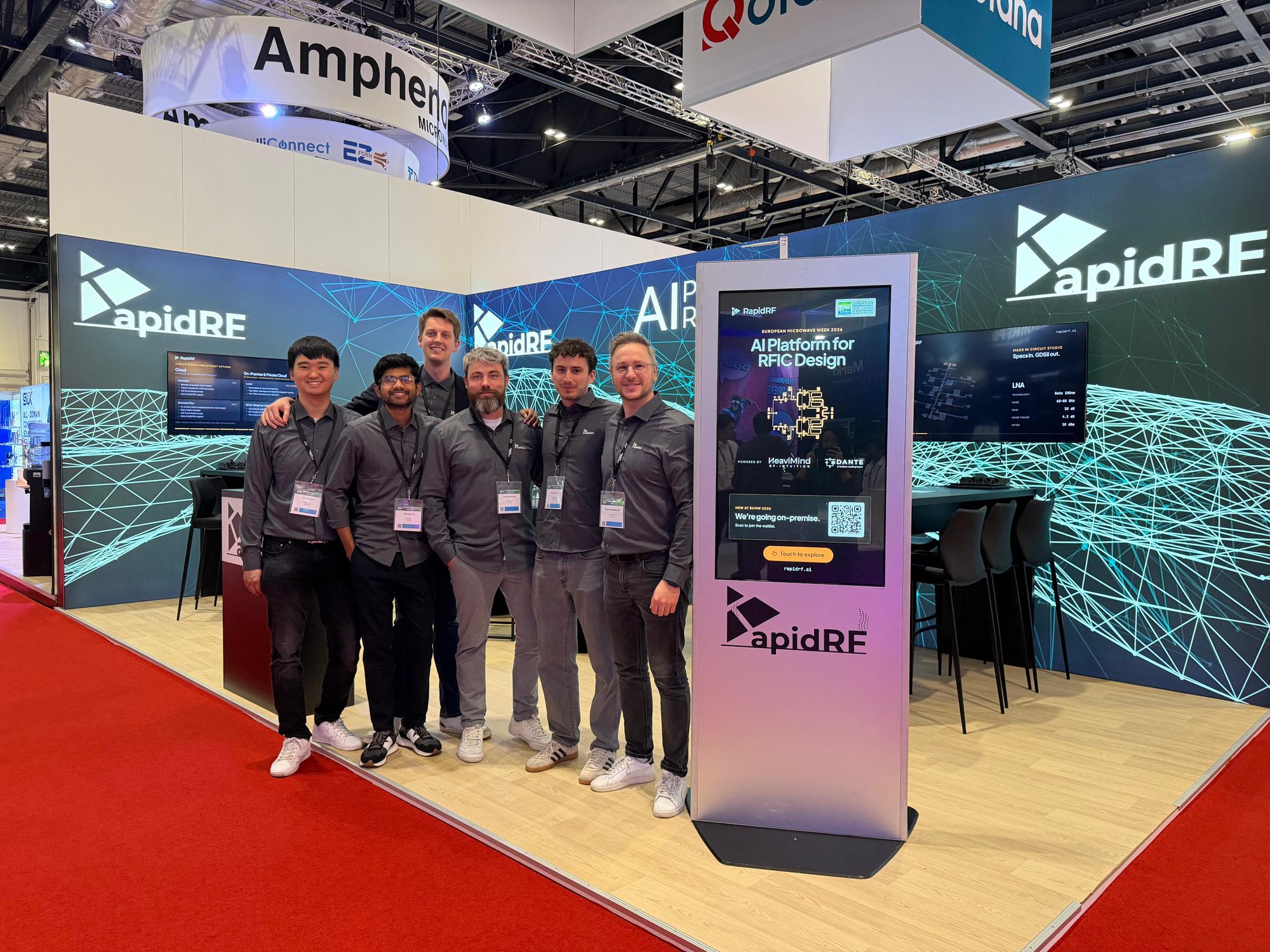 The RapidRF AI team at Booth B50A, European Microwave Week 2026, ExCeL London